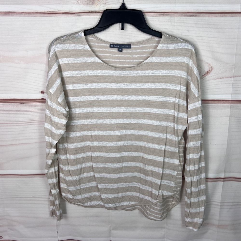 Elliott Lauren Top Womens M Beige White Striped T-Shirt Linen Knit Long Sleeve